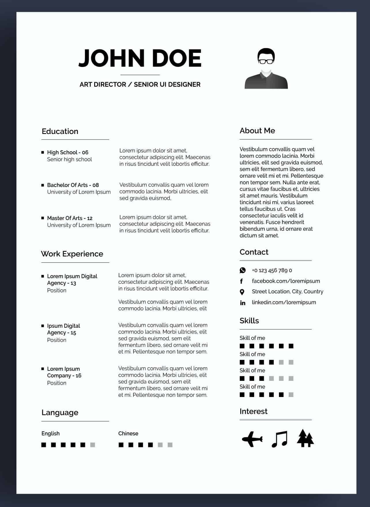 Graficzne CV. Darmowe czarno-białe CV dla dyrektora kreatywnego.