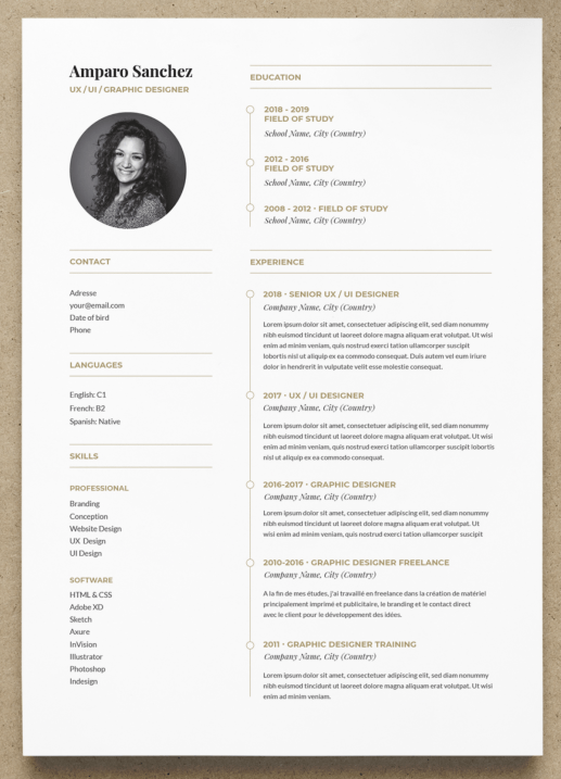 Subtelne graficzne CV ze złotymi akcentami.