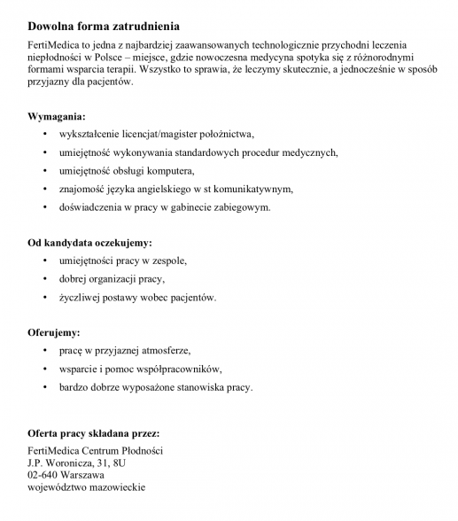 Położna - przykładowa oferta pracy