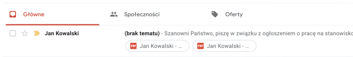 Przykładowy e-mail z CV z pustym tytułem wiadomości