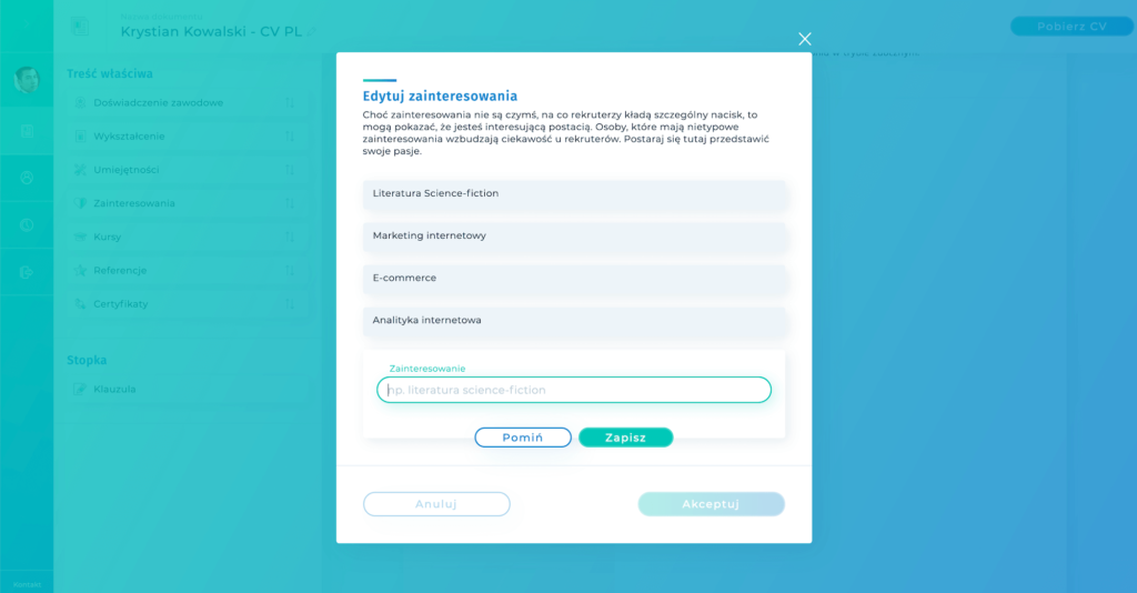 Edycja Zainteresowań w Kreatorze CV