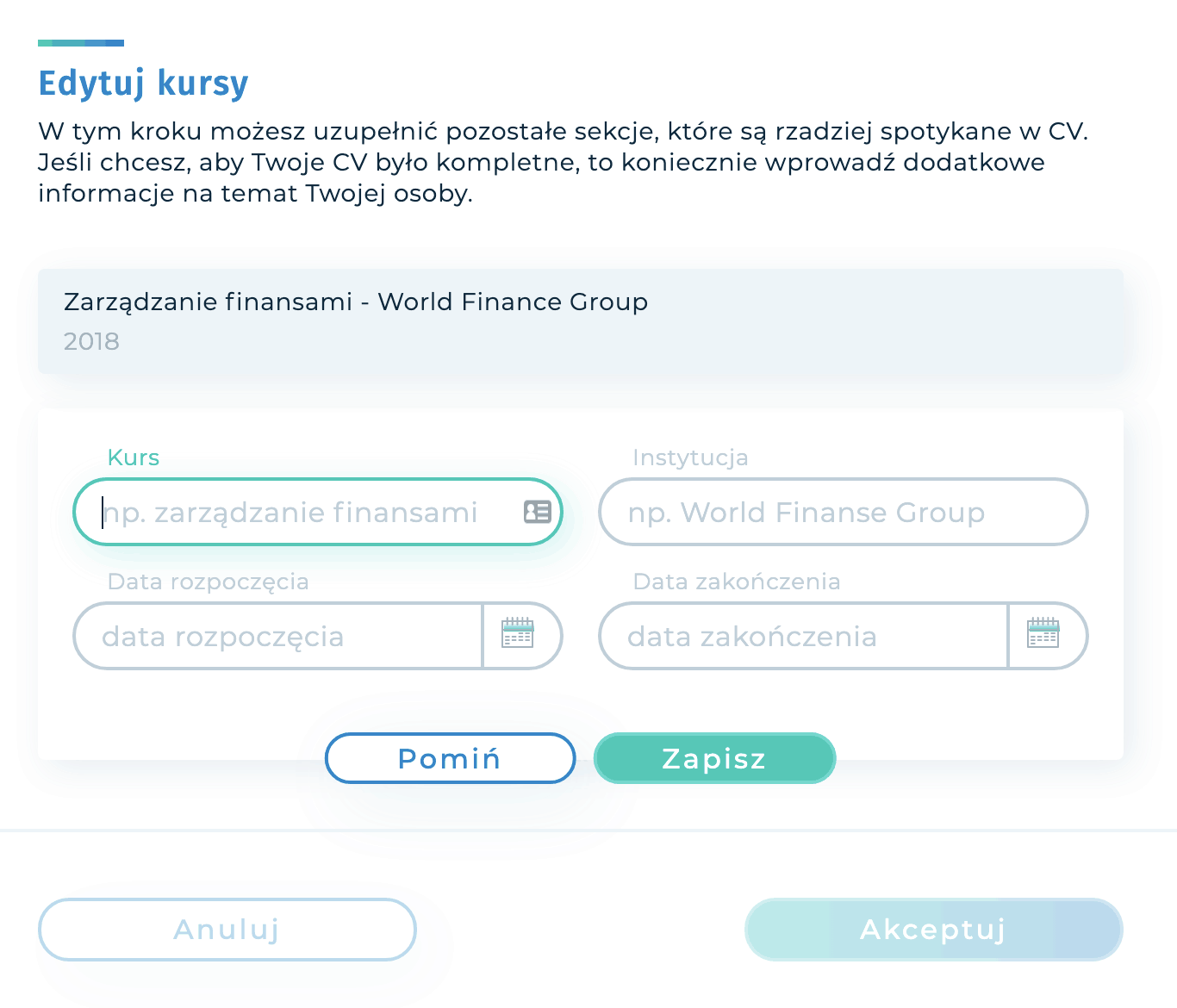 Formularz edycji Kursów w Kreatorze CV