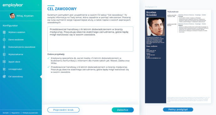 Przykładowe Cele Zawodowe W Cv Cel zawodowy, podsumowanie zawodowe / Kreator CV Employear.com