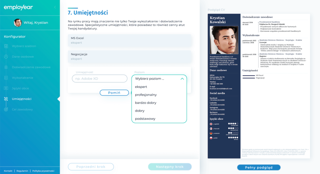Kreator CV - Sekcja Umiejętności