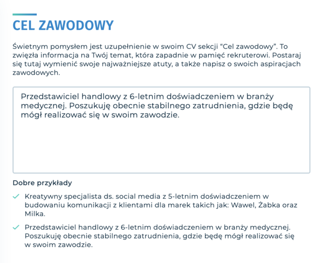 Przykładowe Cele Zawodowe W Cv Cel zawodowy, podsumowanie zawodowe / Kreator CV Employear.com
