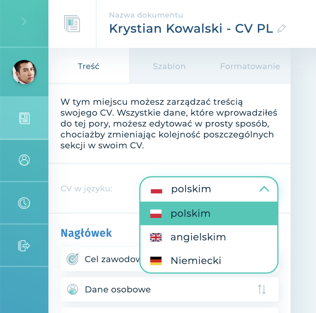 Opcja zmiany języka CV w dowolnym momencie.