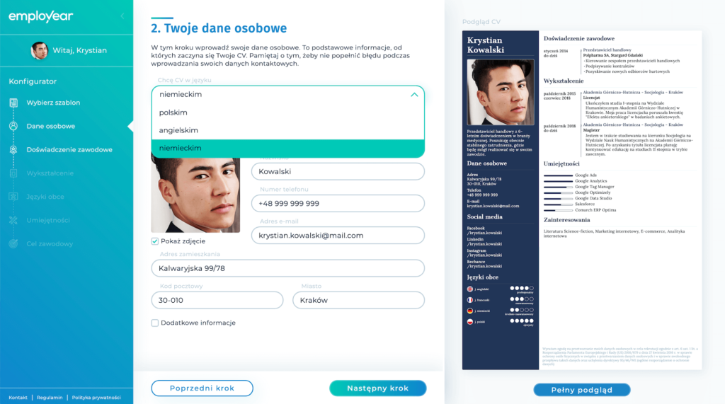 Wybór języka niemieckiego w Kreatorze CV