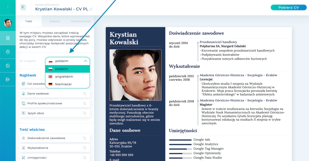 Zmiana języka dokumentu w Kreatorze CV