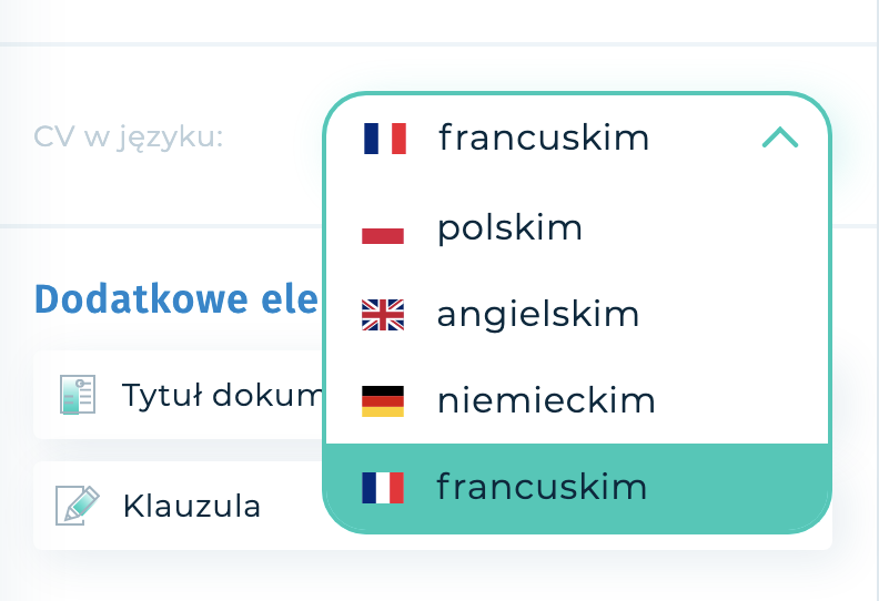 Wybór języka w Kreatorze CV